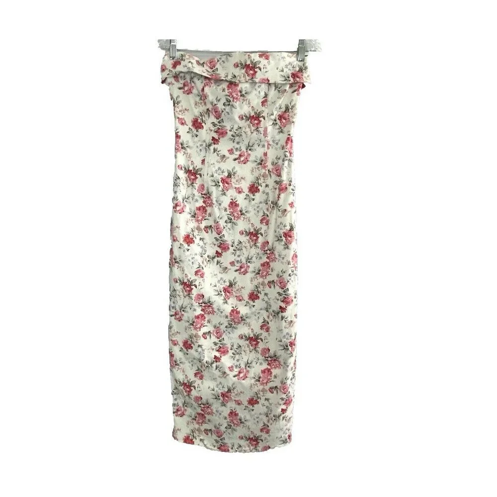 MABLE Women Midi Corset Dress Sz S White Bodycon Tube Floral Straight Across